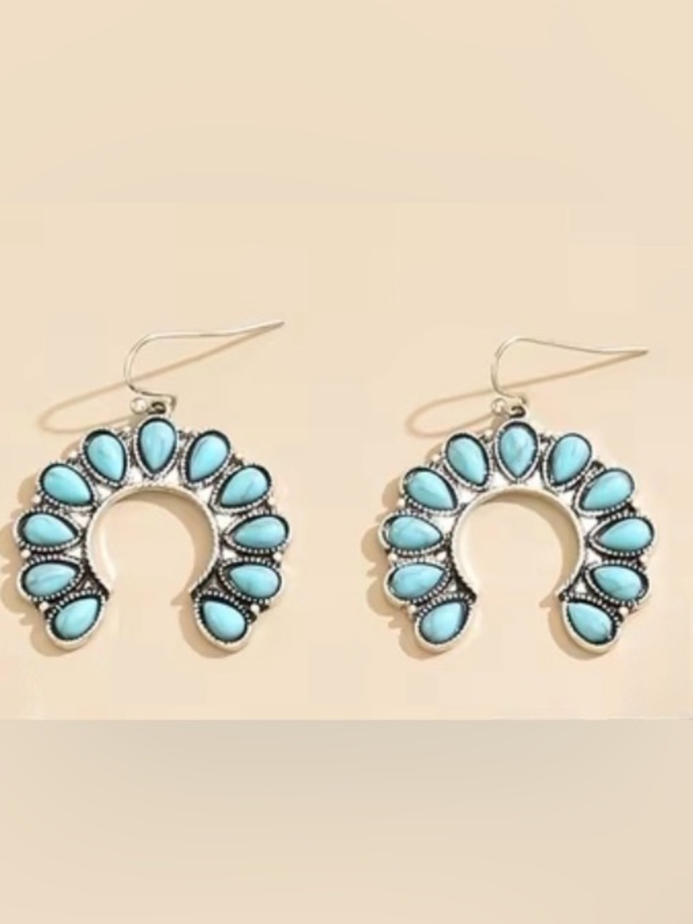 Western Horseshoe Turquoise Silver Dangle Earrings Cowgirl Earrings - Picture 4 of 5